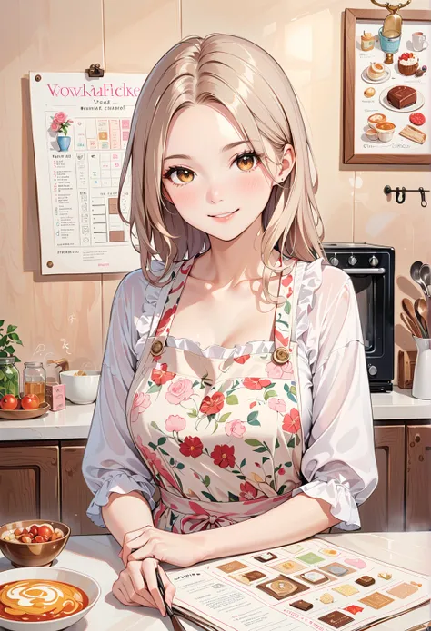 ( best quality,masterpiece:1.2), magazine cover where women are cooking, 1 girl,20 years old,wonderful,cute,Warm smile,hourglass chart,Floral Dress,apron,Food,letter,chart,Magazine Title