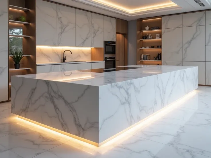 
A clean and modern Minecraft kitchen island built with polished quartz and smooth stone blocks. The island is rectangular with a minimalist design, featuring soft lighting from glowstone under the countertop. The background shows a sleek kitchen setup wit...