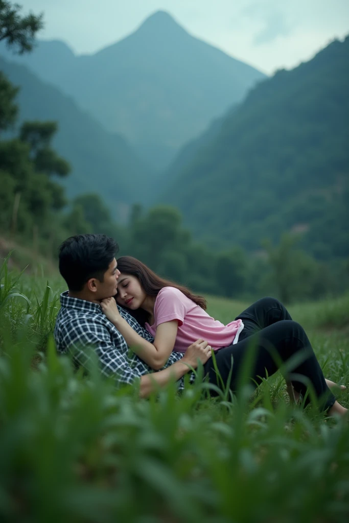 showing blurry wild grass, seen from the side, a handsome Indonesian-looking man in black and white clothes, black trousers, lying on his side on the green grass, a beautiful Indonesian-looking woman in a pink shirt lying on the mans chest. , snowy mountai...