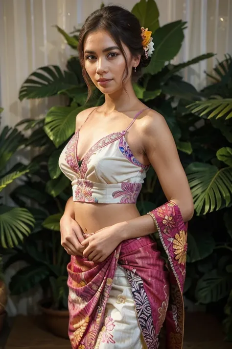 A graceful woman wearing an elegant kebaya made of vibrant batik fabric, adorned with intricate embroidery details. She pairs the kebaya with a sarong featuring a matching pattern, elegantly wrapped around her waist. Her hair is neatly styled in a bun, dec...