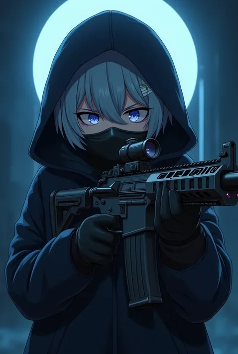 "A mysterious anime-style character with short silver-gray hair, wearing a black hooded coat and a face mask, holding a detailed modern assault rifle with a scope. The character has an intense, focused expression, set against a dark, slightly glowing backg...