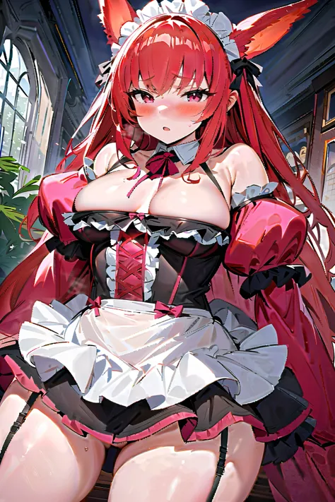 NSFW,masterpiece, best quality, high definition , Very detailed, girl, Beast Ears, red hair,Estrus season,blush, maid outfit , crop top, off-shoulder , miniskirt, garter strap,Luxurious mansion,Office, Love Drops