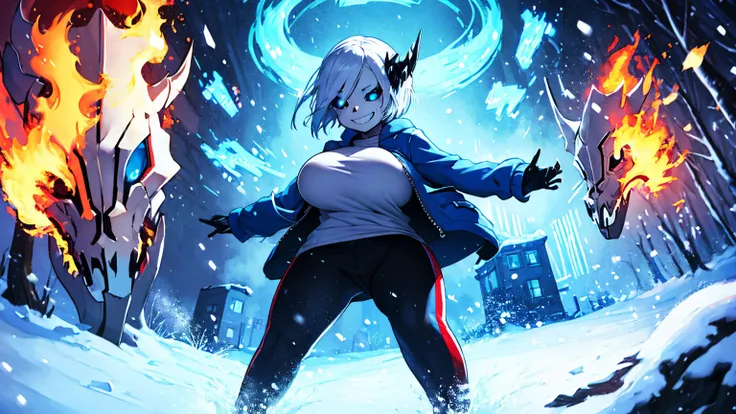 Sans Blue Jacket Black Shirt Fire Eyes Skull Smile Long Lashes White Short Hair Luminous Face Blue Dragon Skull Cannon One Person Standing In Snow Town Femininefull Super huge big breasts breast enlargement full-body shot