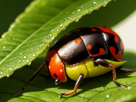 macro photograph of a ladybug on a leaf, extreme close-up. the ladybug is perched on a vibrant green leaf with water droplets. h...