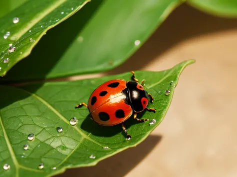 macro photograph of a ladybug on a leaf, extreme close-up. the ladybug is perched on a vibrant green leaf with water droplets. h...