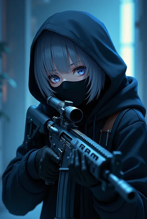 "A mysterious anime-style character with short silver-gray hair, wearing a black hooded coat and a face mask, holding a detailed modern assault rifle with a scope. The character has an intense, focused expression, set against a dark, slightly glowing backg...