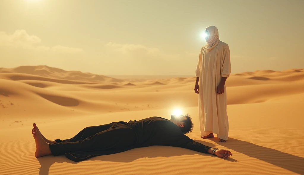 "An expansive desert scene with golden sand dunes under a clear sky. A man is lying on the ground wearing black clothing, his face covered with a radiant light, giving a spiritual and mysterious aura. Beside him, another man stands, dressed in white clothi...