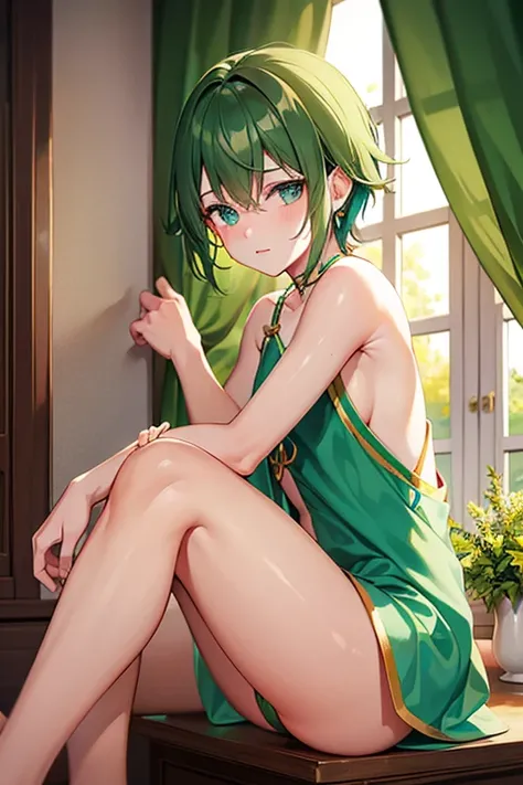 teenage boy wearing tunic and green thong, (beautiful detail eyes), ((best quality)), ((masterpiece))