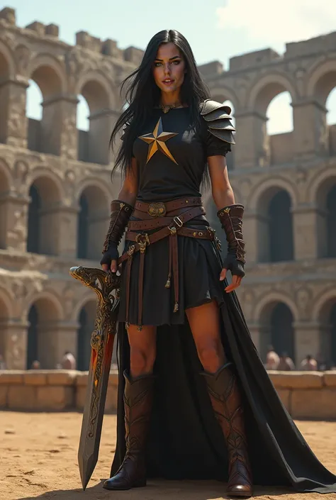 medieval, Coliseum,   muscular woman ,  light eyes and long black hair ,  wearing a black blouse with a star in the middle ,  short black skirt, wielding a sword with a soccer ball crossed on a fire-breathing sword. 3d,  ultra detailed , hyper realistic, W...