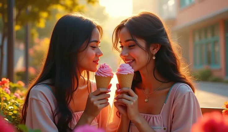 a romantic couple of indian students, 2 girls eating ice cream together outside their school, cute casual outfits, happy and relaxed expressions, sunlight, detailed facial features, intricate flower patterns, colorful background, warm lighting, vibrant col...