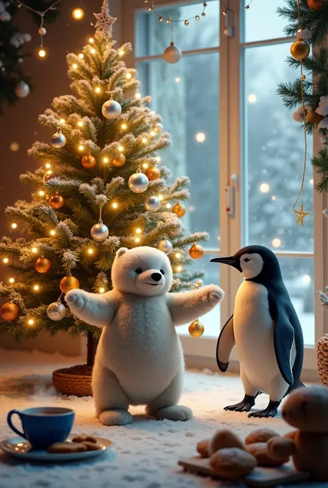 A baby penguin, a cuddly polar bear, and a baby seal are joyfully twirling around a beautifully decorated Christmas tree. The room is glowing with magical light from golden and silver ornaments that shimmer as they move. Snow gently falls outside, and spar...