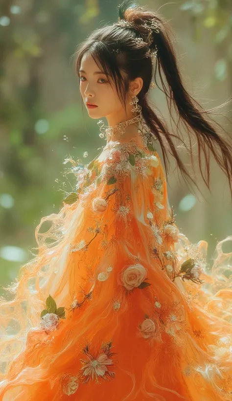 A full-body portrayal of a graceful and elegant East-Asian woman, exuding an aura of quiet sophistication and beauty. Her blouse is an intricate masterpiece, crafted from flowering shoots of exotic plants, with delicate tangerine and apple-hued translucent...