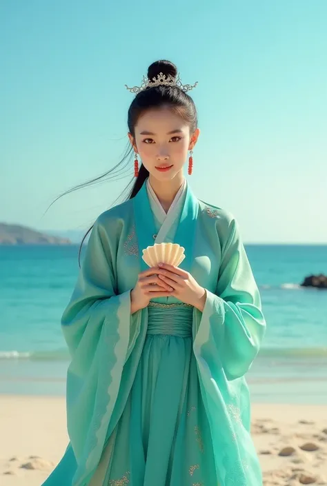 Chinese aesthetics,  Full figure, big breast,perfect five fingers, high-definition details, skin texture, realistic background
A maiden attired in a vibrant, turquoise hanfu with wave patterns, wearing coral earrings, standing on a sandy beach overlooking ...