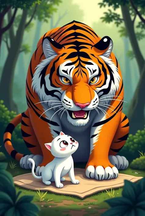 There is a forest. In the middle of the forest, a white cartoon cat is sitting on a cloth on the ground and watching with fear. A big cartoon tiger is watching angrily after the cats fur.