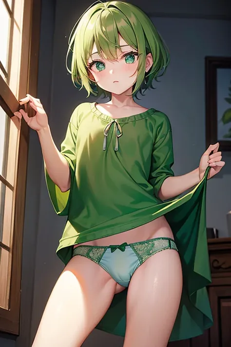 boy wearing tunic and green underwear, (beautiful detail eyes), ((best quality)), ((masterpiece))