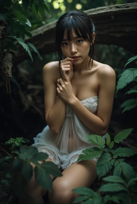 Taken with Canon EOS, 8K quality, Thai girl, Age 28 years, Short hair, covered in a very thin white cloth, Open chest, Raise the right hand, hold the mouth , Left hand on the forehead, sensual glances, big breasts, sitting in damp jungle.