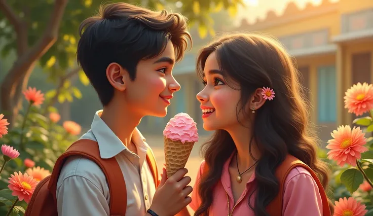 a romantic couple of indian students, 1 boy and 1 girl eating ice cream together outside their school, cute casual outfits, happy and relaxed expressions, sunlight, detailed facial features, intricate flower patterns, colorful background, warm lighting, vi...