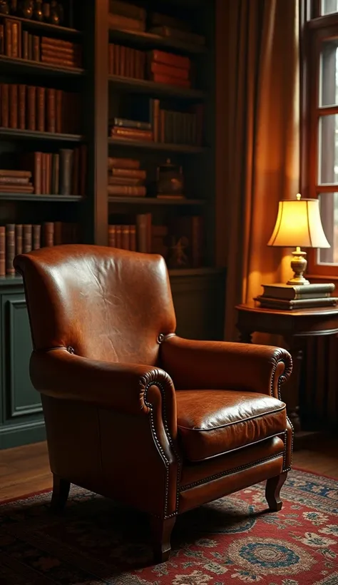 A vintage leather armchair with a rich patina and slight cracks on the surface, sitting beside a wooden bookshelf in a dimly lit study. The chair is accompanied by a small side table with a stack of books and a glowing antique lamp. A warm, cozy ambiance i...