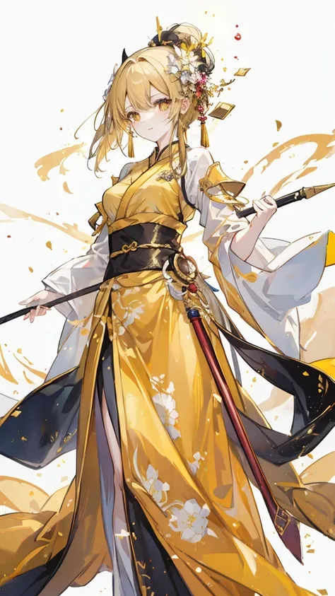 youth，Qingluan，yellow hanfu， Golden Chinese Armor，spear，simple background