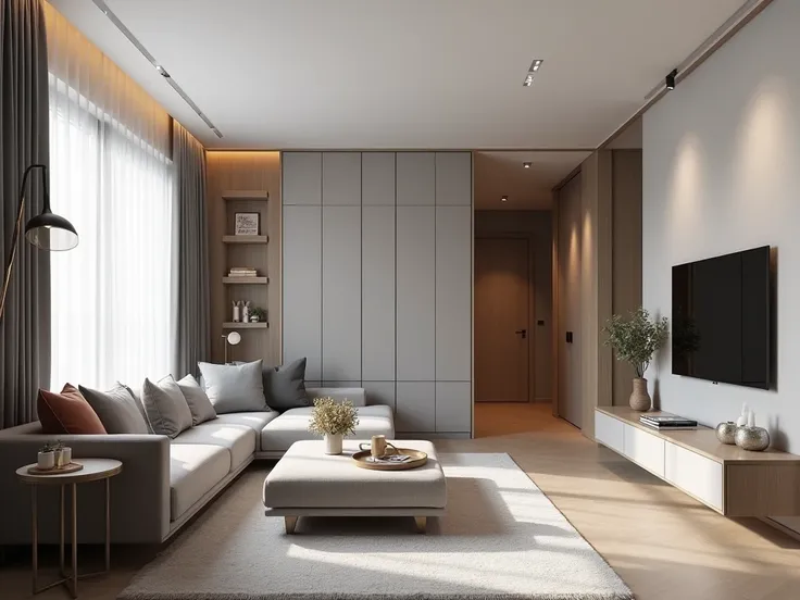  modern apartment design. interior. living room, grey tones , light tones, bedroom, television, closet,  bed, youth style