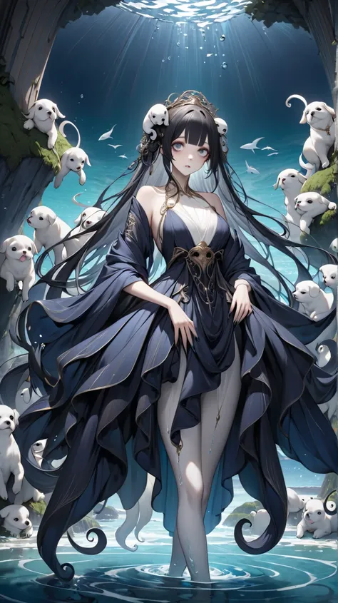 solo。
  realistic drawing。High image quality。 High Quality 。

 motif (
Inspired by the Greek mythology Scylla 。
 elegant 、An existence that gives a frightening impression。
）

hair( Dark 、 straight、 long）。
face（Droopy eyes:1.1）。 

Costume（ Dark 、 elegant 、d...