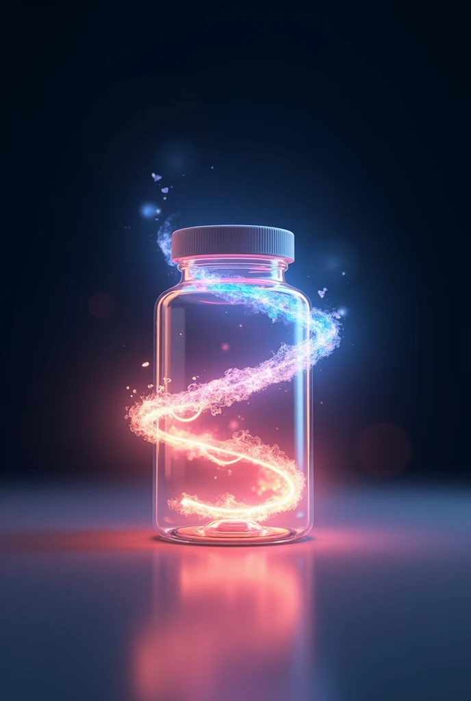 A glowing bottle of supplements with abstract representations of the four key ingredients swirling into it, symbolizing synergy