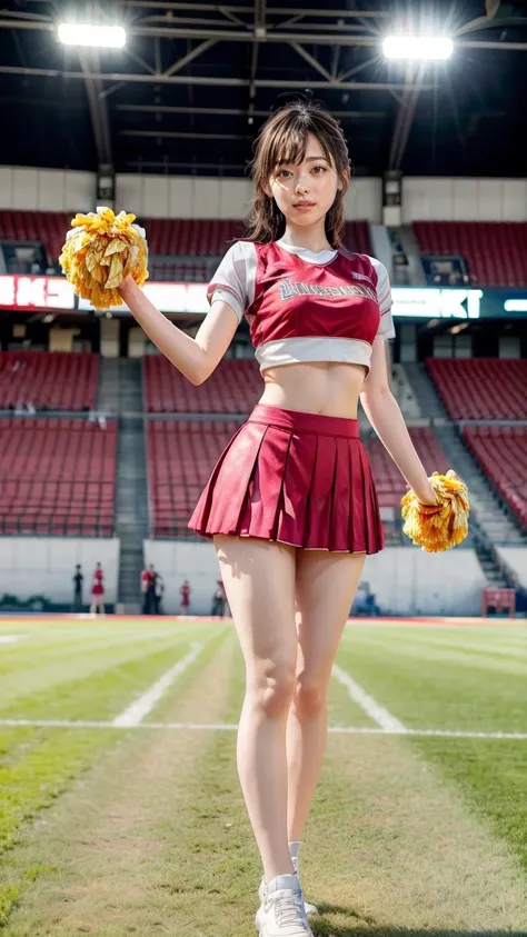 A beautiful young Japanese woman, 20 years old, with perfect anatomy, healthy thighs, beautiful feet, flawless skin, random hair color and style, large bust, wearing a cheerleader uniform with micro-pleated miniskirt, in a full-body shot, standing in a sta...