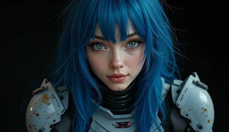 Frontal bust shot from above descending, Sitting, Perfect image, 8k, of a woman with very long wavy blue hair, with bangs, highly detailed greyish blue eyes, full wet lips, relaxed countenance, stares at viewer, sensual, smiles shyly, the woman is wearing ...