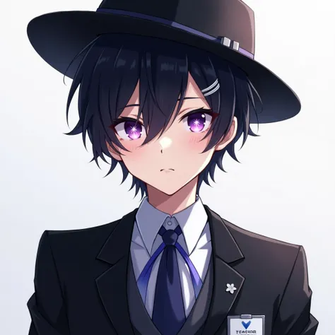 1 anime boy, sensei (blue archive), blue archive, sitting ,Short black hair, purple eyes, with an 8-pointed star in the middle of the eye.Attach two silver hair clips. Wear a black wide-brimmed hat. .wearing black glassesBlue ribbin ties black suit, name t...