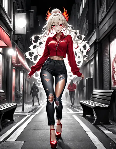 photo realism anime style Yusuke murada art Phoenix goddess alucard in fusion sarada fitness sexy big  with cropped wavy hair v-cut dress v-cut ripped jeans wearing high heels walking on a dark dark street scared style photo realism, fully detailed drawing...