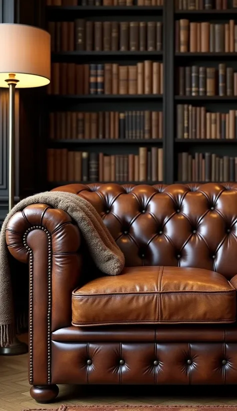 A classic brown leather Chesterfield sofa with a tufted backrest and brass nailhead trim, set against a dark wooden bookshelf filled with books. The leather is worn and aged, with cracks and patina adding character. A warm throw blanket is draped over one ...