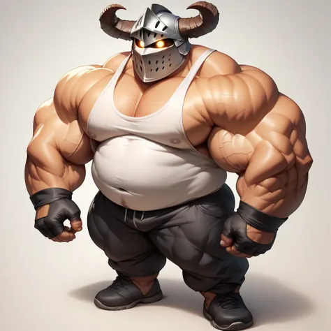 a big giant man with musclegut tall body and big fat belly using white tank top, black gloves, black pants, and knight helmet that cover face, eyes, and mouth with horn on the both side. full body, standing, solo, very big, very tall, very muscular, very f...