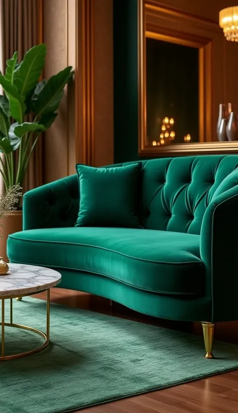 A deep emerald-green velvet sofa with gold-trimmed legs, placed in an opulent lounge. The sofa’s plush cushions and elegant curved design exude comfort and sophistication. A marble coffee table with gold accents sits in front, surrounded by rich decor like...