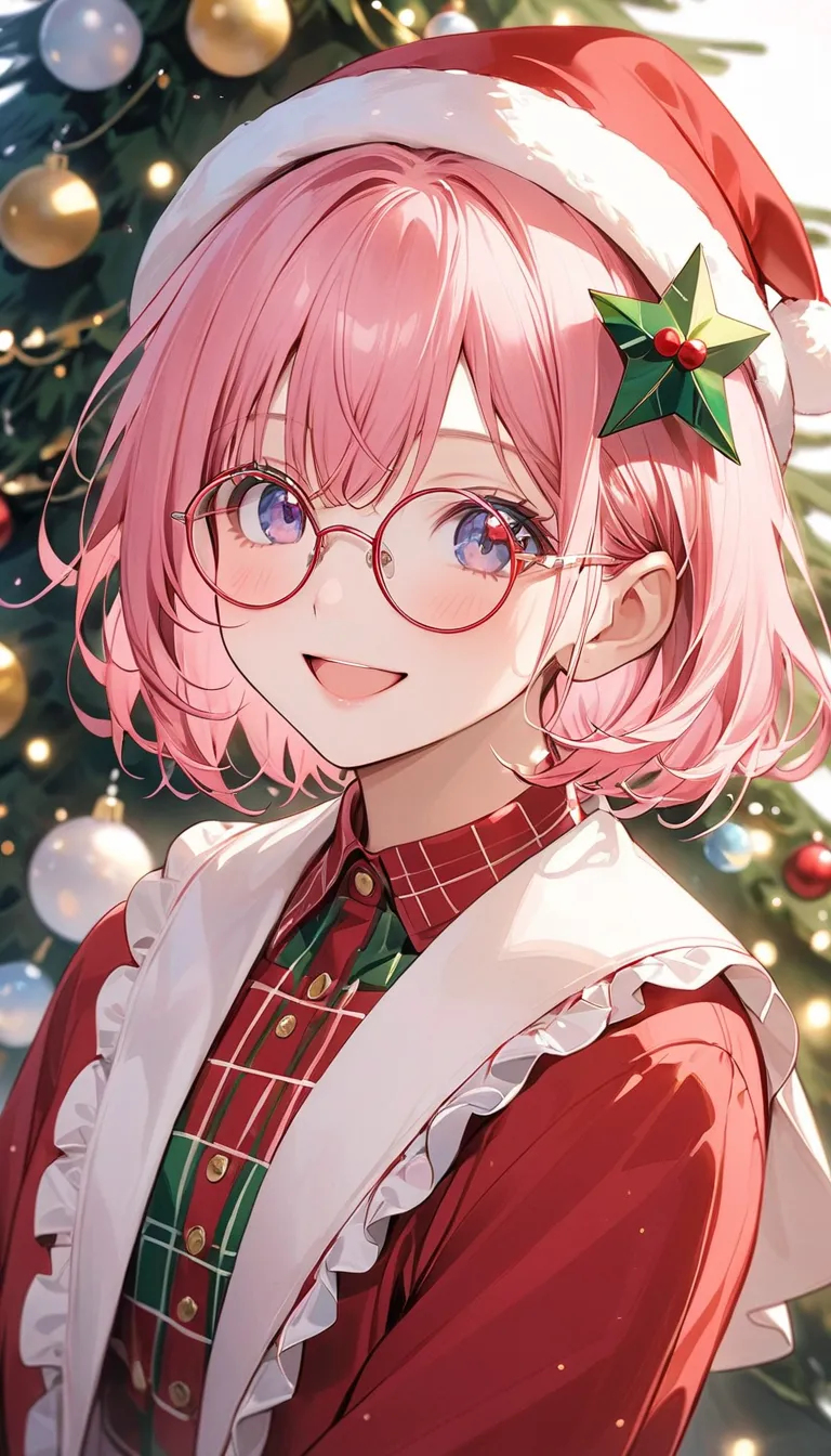 pink hair、 short bob、 wave hair、round glasses、クリスマスをテーマにした背景でセクシーなwear christmas clothes  ,  christmas tree , wear christmas clo...