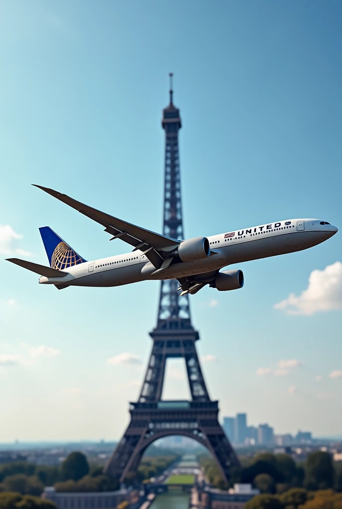 Beautiful Boeing 777 United airlines flying over eifel tower