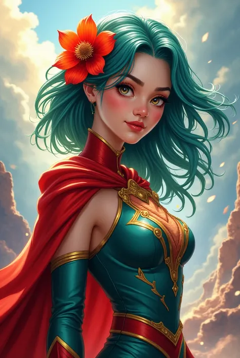 Girl with blueish green hair and hazel eye and a red flower in a hero costume 