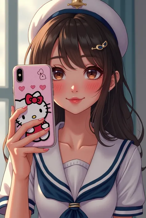 woman in a sailor outfit taking a selfie with a Hello Kitty  phone, a picture by Niko Henrichon, Tumblr,  Realism, She is holding a smartphone , Hello Kitty , 🤬 🤮 💕 🎀, 2 0 2 2 pictures,  selfie with an iPhone ,  cell cover style , High-quality images,  is ...