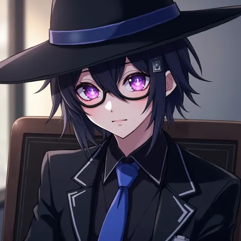 1 anime boy, sensei (blue archive), blue archive, sitting ,Short black hair, purple eyes, with an 8-pointed star in the middle of the eye.Attach two silver hair clips. Wear a black wide-brimmed hat. .wearing black glassesBlue ribbin ties black suit,masterp...