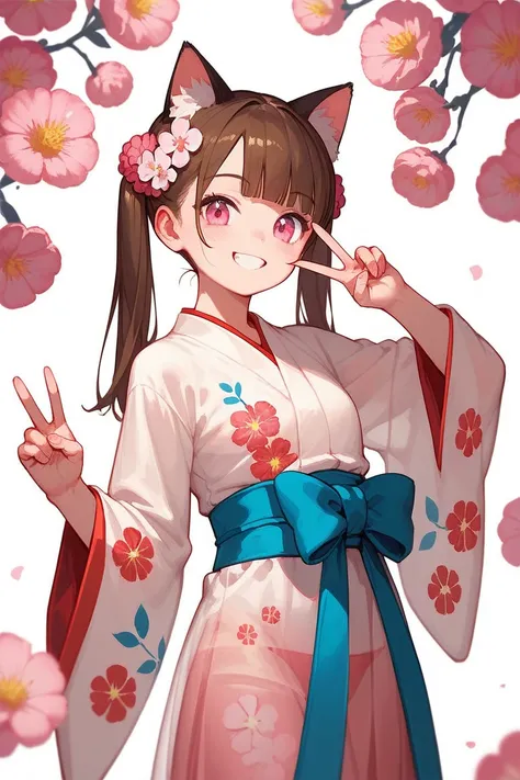 masterpiece, best quality, ultra detailed, a girl, smiling, making a V sign, looking at viewer, twintail, blunt cut, brown hair, pink eyes,Japanese clothes, flower paint, flower hair ornament, see-through,with cat ears, pink background, flat background, cu...