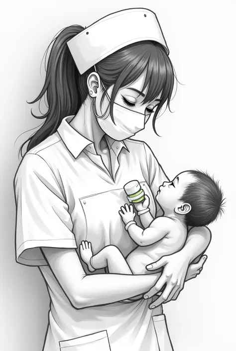 A nurse with a mask holding a baby and feeding bottle milk pencil drawings with dark outline and shaded lightly 
