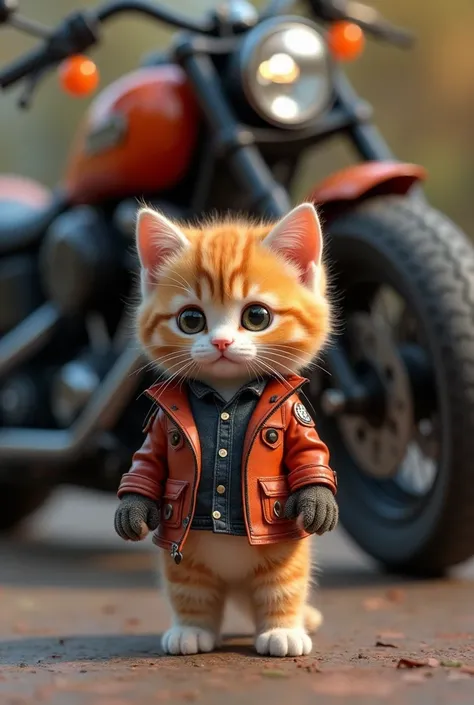  cute kitten、 standing like a human、 facing the front 、 wearing an American jacket、American gloves 、 big bike with realistic background 、 kittens smaller than the background 