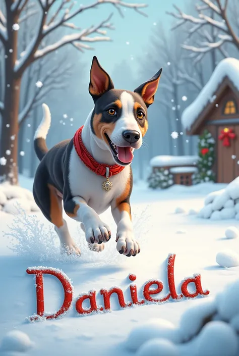 Create Christmas image with a bull terrier with the name of Daniela written in the snow