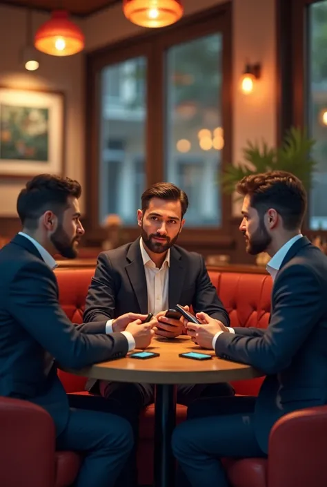 guys (3 ) Sitting in the cafe they put away their phones 