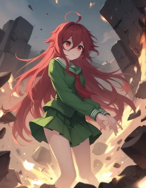 , red eyes, Red Hair,  Very Long Hair ,  hair between eyes, (Ahoge:1.1),
 school uniform, Seraph, GREEN SHIRT ,  Long Sleeve ,   GREEN SKIRT , Thigh length,
Kneel, tearing up, embers, rubble, ,   knight ,  score_9,  score_8_up,  score_7_up,  score_6_up,  s...