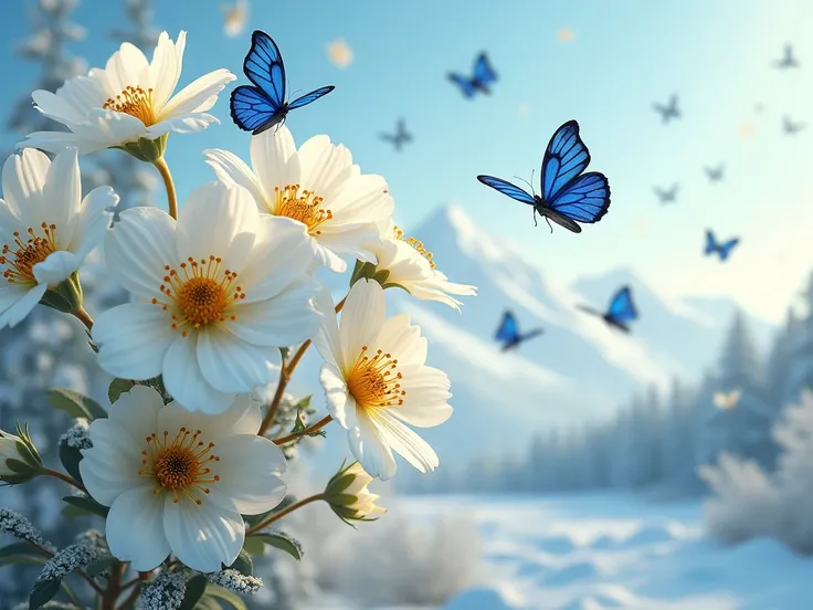   A Bouquet of Brilliant White Flowers in Gold, Blue Butterflies Are Flying 、 Background Scenery of an Icy Landscape 