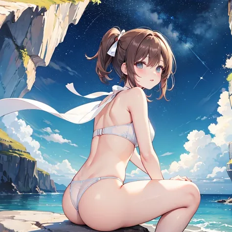  Masterpiece Level ,  amazing style,  white and light yellow with a red ribbon ,  near a seaside cave ,The background is night,  dark blue ,  starry sky , Very flexible and creative,  short brown hair ,  hair flutters in the wind, Back to a rock 。 put your...