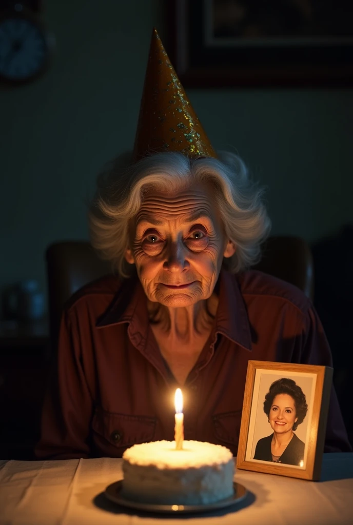 An elderly woman sits alone at a table, wearing a faded party hat. Her eyes are filled with tears, and a pained smile suggests a mix of sadness and nostalgia. In front of her is a small, plain birthday cake with a single candle lit, casting a warm glow on ...