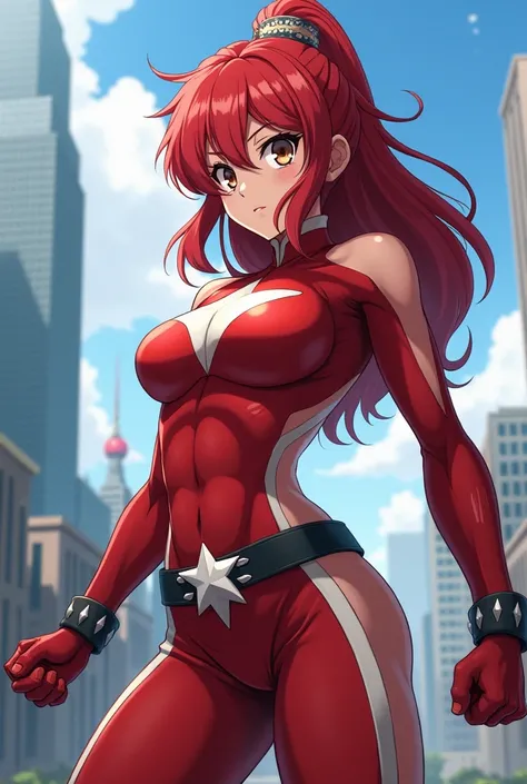  My Hero Academia Style ,   anime girl , woman, young woman ,  full body shot ,( Fighting Stance :1.3),Long Hair, Red Hair,   Brown Eyes , hero suit, Full Body Suit,  red suit with white details, perfect anatomy,  enhanced abs , super detailed,(building:1....