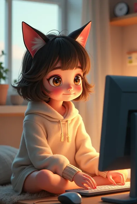 Cute cat eared girl playing with computer