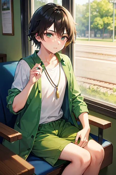 teenage boy wearing tunic and green shorts, on time-traveling train, (beautiful detail eyes), ((best quality)), ((masterpiece))